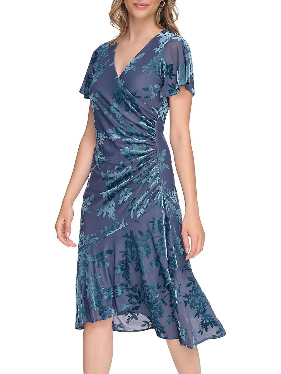 Floral Velvet Burnout Surplice V-Neck  Dress Blue - Kensie
