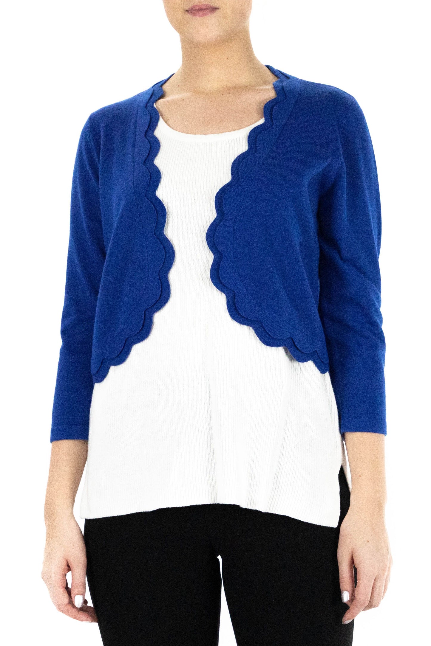 Scalloped Open Front 3/4 Sleeve Solid Rayon Knit Jacket Cobalt- Nina Leonard