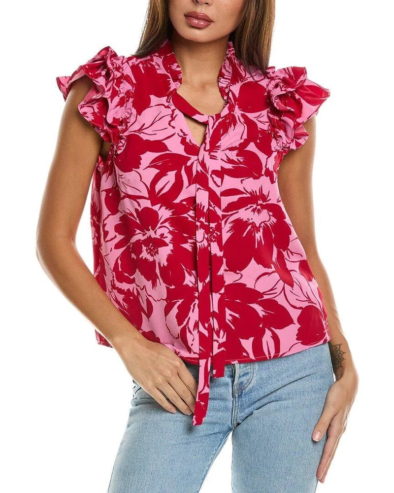 Ruffled Sleeve V-Neck Top in Deep Bordeaux  - Nanette Lepore