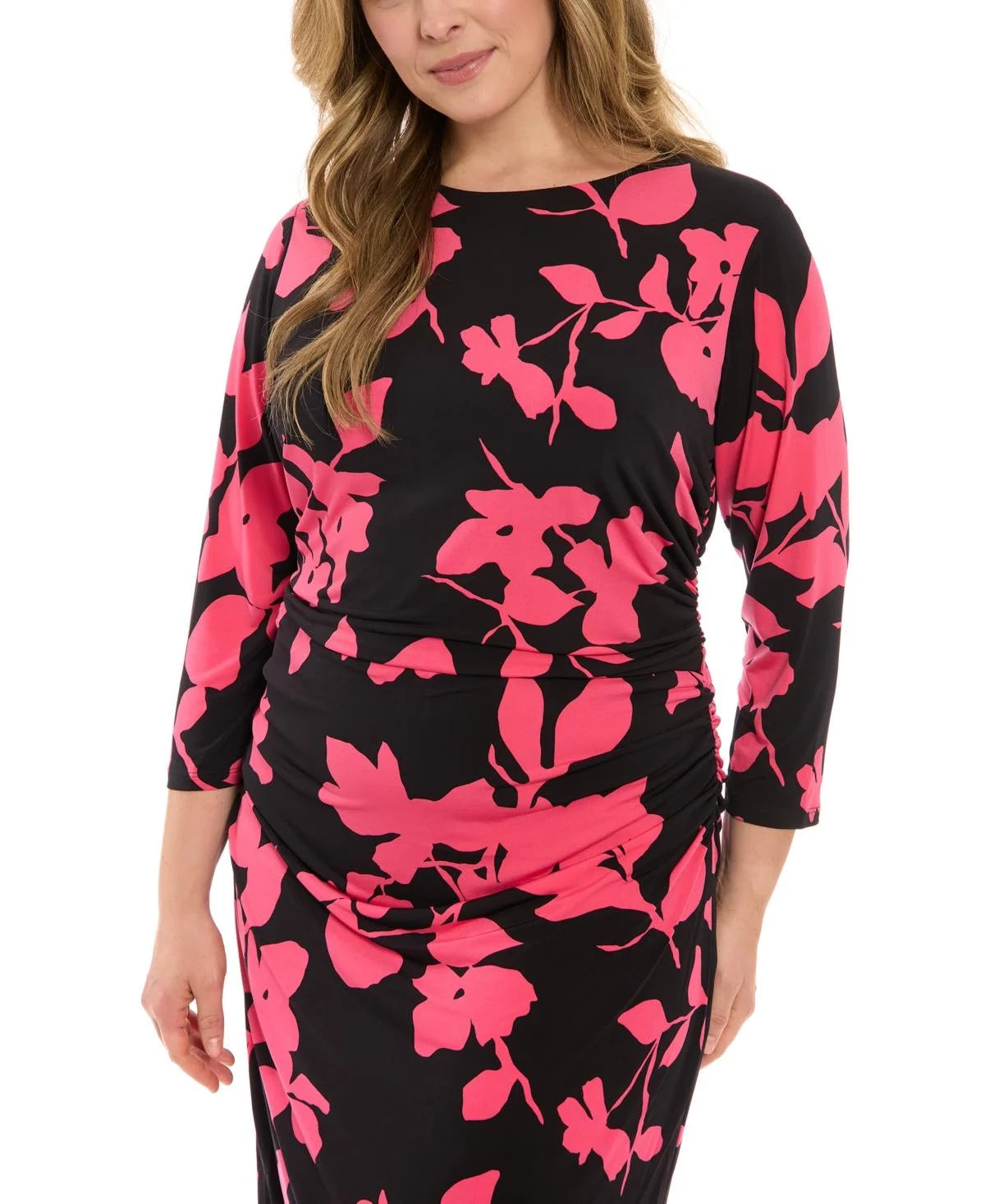 Elegant Ruched Midi Dress Black- Berry (Plus Size) - London Times
