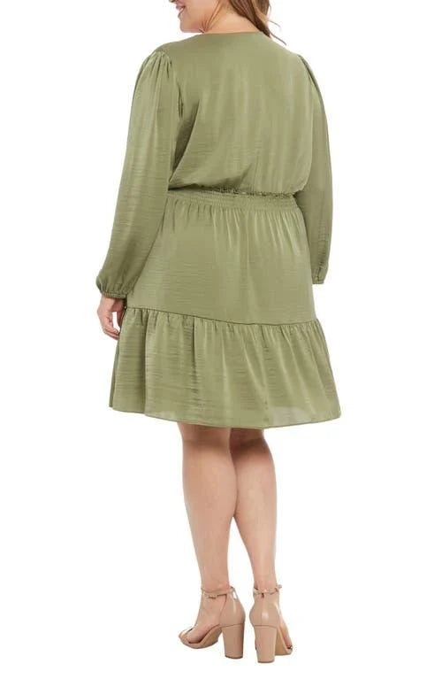 V-Neck Smocked Dress Moss  (Plus Size) - London Times