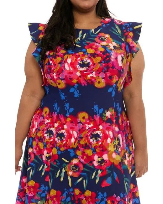 Ruffle Sleeve Floral Print Fit & Flare Dress Navy/Berry  (Plus Size) - London Times
