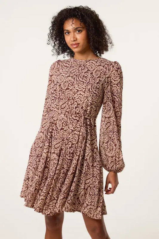 Brown Godet Dress With Self Tie