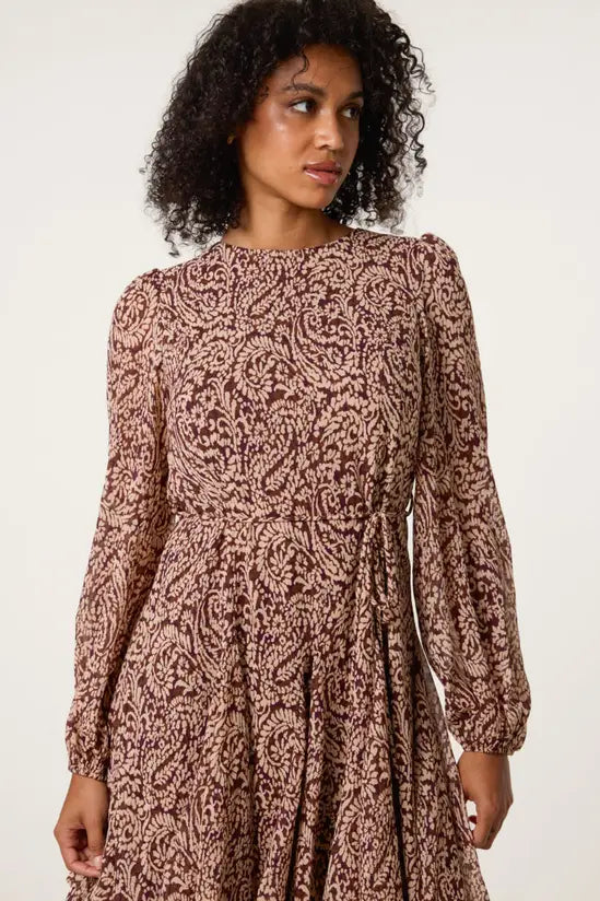 Brown Godet Dress With Self Tie
