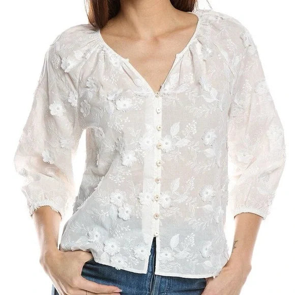 Flower Appliqué Embroidered Pearl Button Blouse White- Nanette Lepore