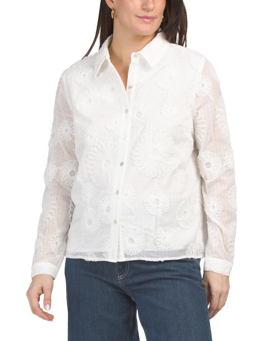 Floral Button Down Shirt Applique Blouse In White - Nanette Lepore