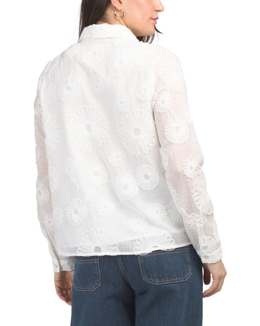 Floral Button Down Shirt Applique Blouse In White - Nanette Lepore