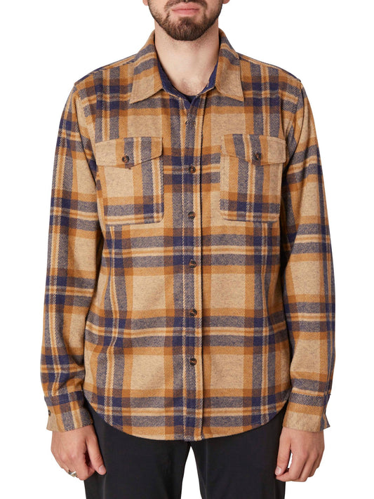 Sweater Knit Shirt Jacket Tan / Navy Plaid