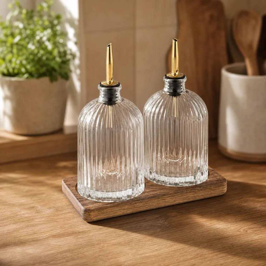 2pk 16.9oz Fluted Glass Cruets w/ Acacia Base - Gold