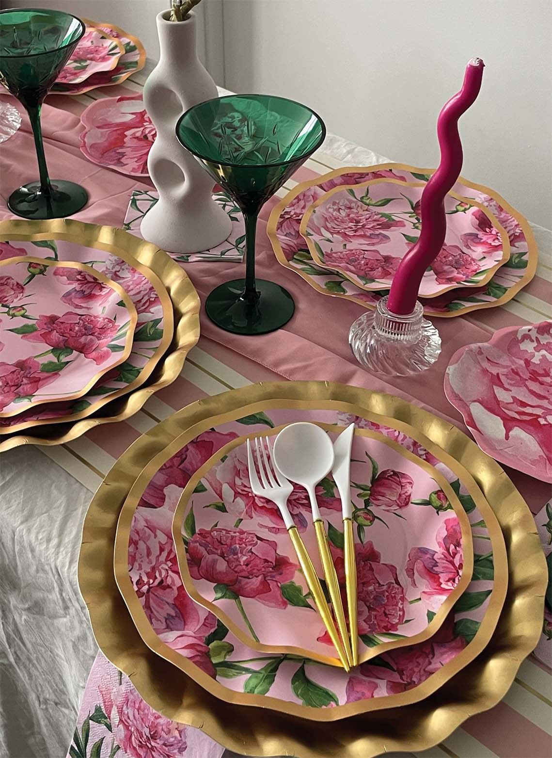 Wavy Dinner Plate Pink Peonies 10"