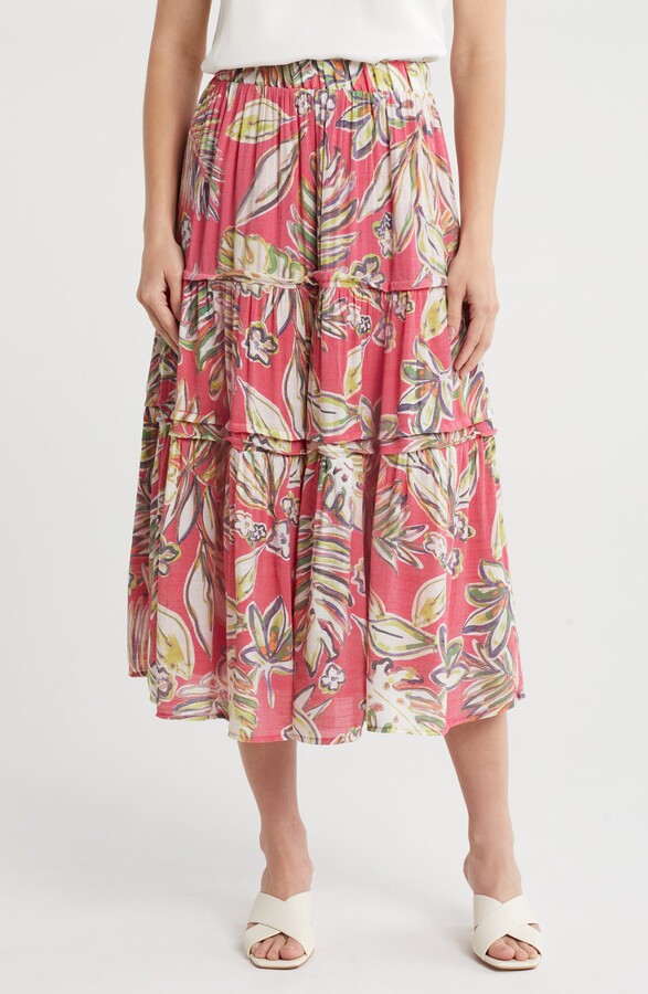 Printed Flounce Midi Skirt Red Print - Nanette Lepore