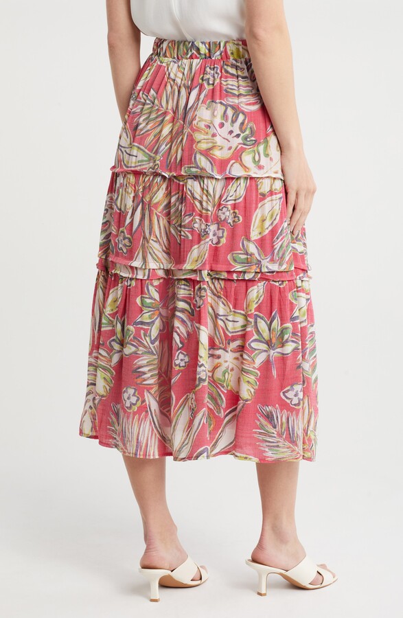 Printed Flounce Midi Skirt Red Print - Nanette Lepore