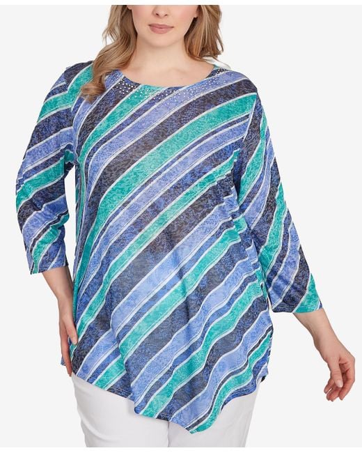 Plus Bias Stripe Beaded Top Navy Multi   - Ruby Rd
