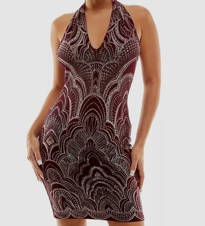 Glitter Halter Dress Wine/Gold -Jump