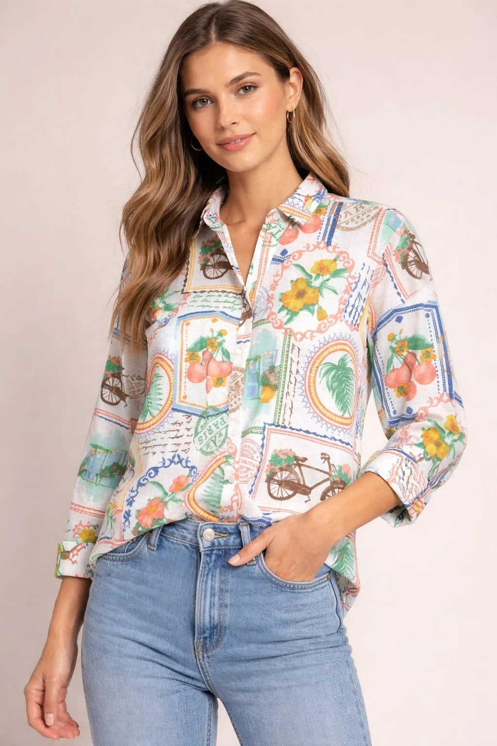Printed 3/4 Cuffed Sleeve Button Down Collared Blouse - Ninety
