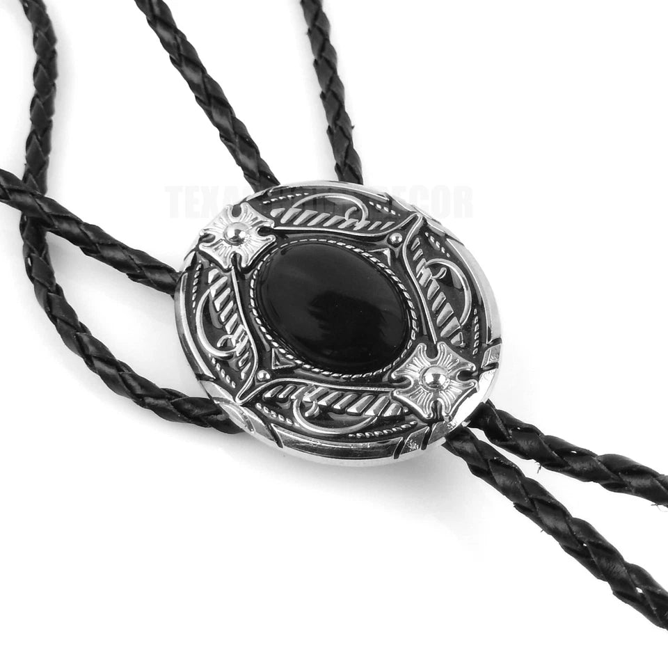 Black Agate Natural Stone Bolo Tie Maltese Cross 40" Genuine Black Leather Cord