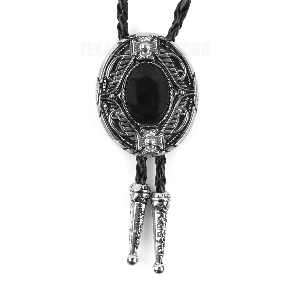 Black Agate Natural Stone Bolo Tie Maltese Cross 40" Genuine Black Leather Cord