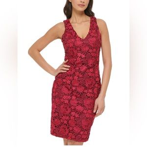Heavy Lace Open Back Sheath Wine Dress - Guess