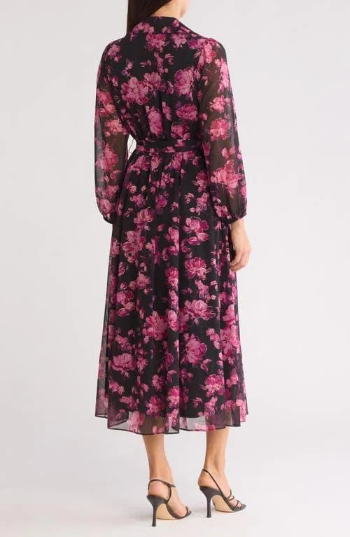 1PC Floral Long Sleeve Maxi Shirtdress Black/Pink/Multi - Sandra Darren