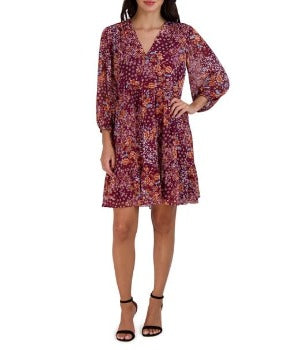 Red Floral Balloon Sleeve Babydoll Dress Purple/Rust - Sandra Darren