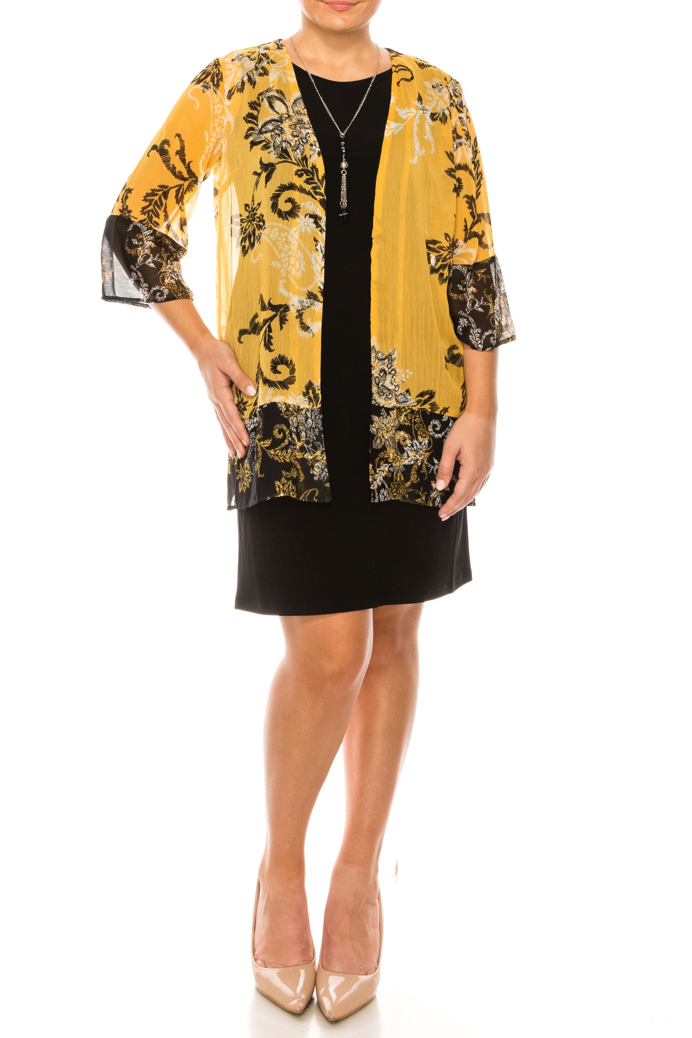 Darren 3/4 Slevee Chiffon 2 piece Jacket Dress  Mustard Black