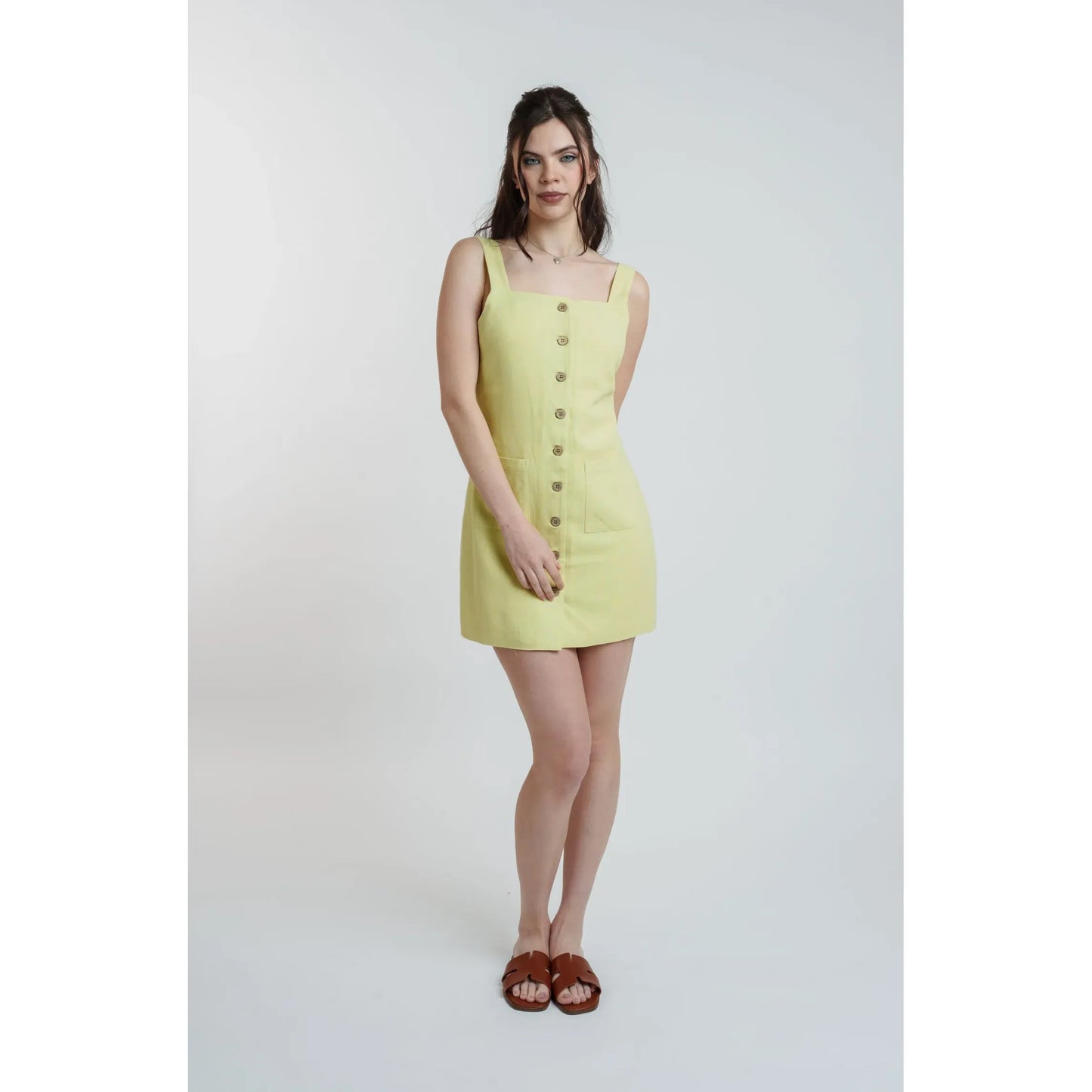 Linen Button Down Mini Dress Lemon