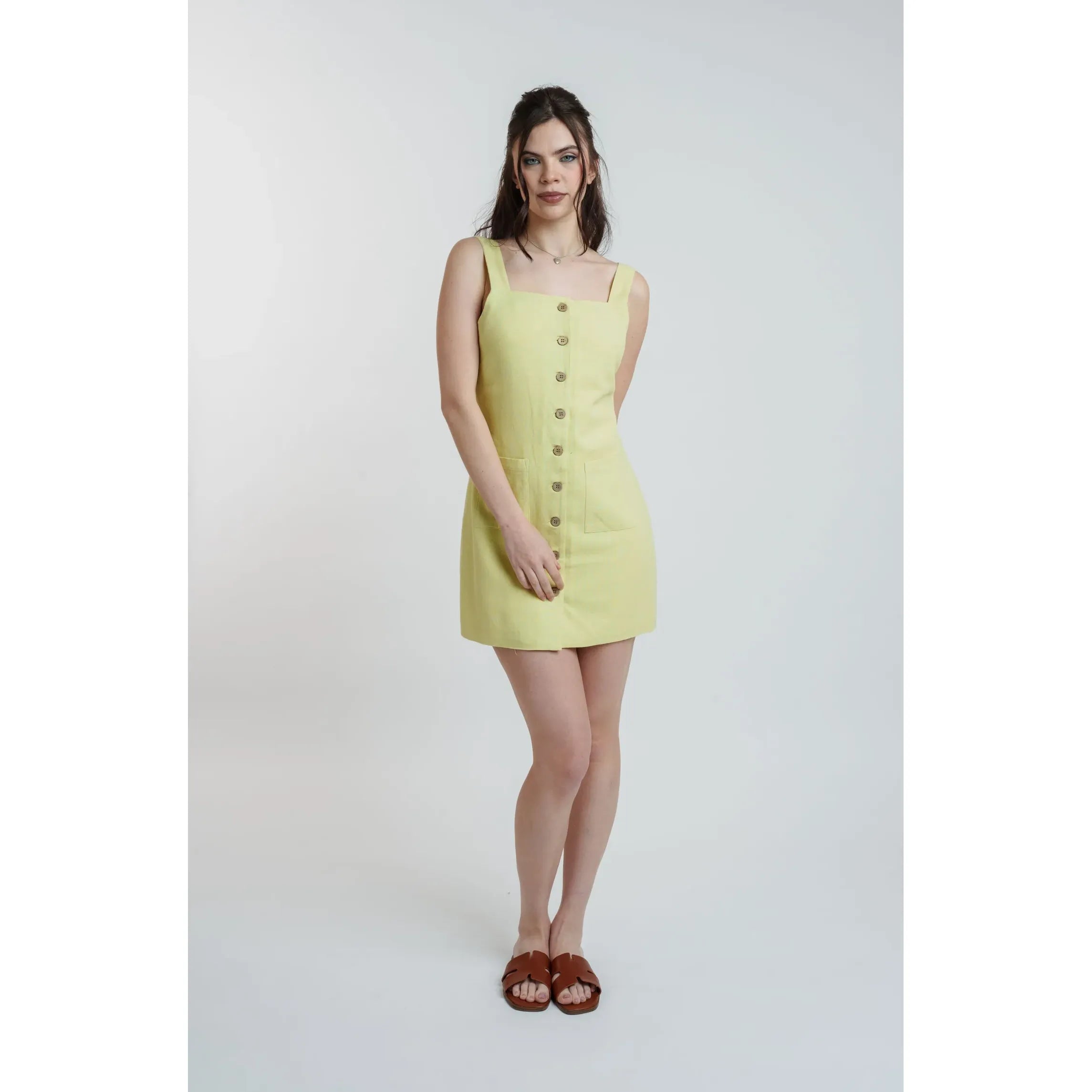 Linen Button Down Mini Dress Lemon