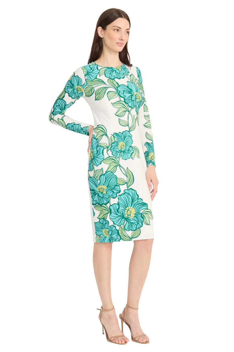 Dress Long Sleeve Floral Printed Sheath White/Green  - Maggy London