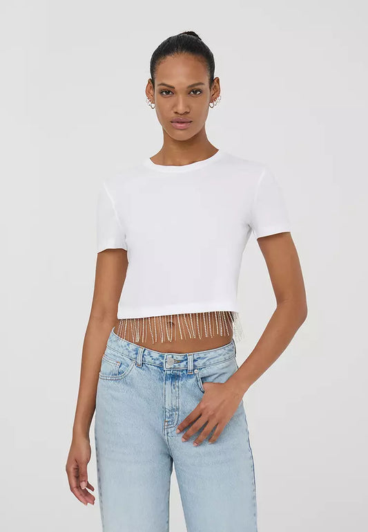 Cropped T-Shirt w/Rhinestone & Shop bead White