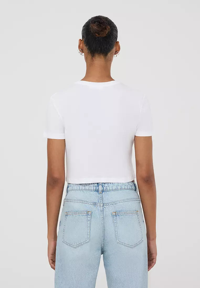 Cropped T-Shirt w/Rhinestone & Shop bead White