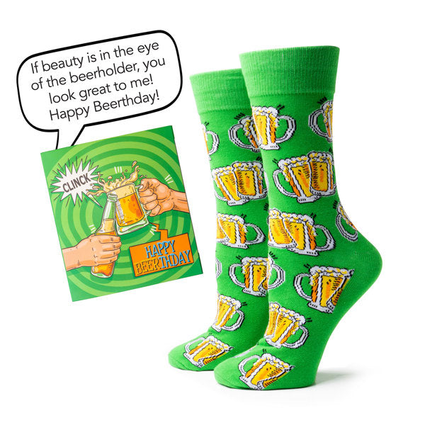 Two Left Feet IT'S YO BIRTHDAY Gift Card Sock Set -  Happy Beerthdays GREEN