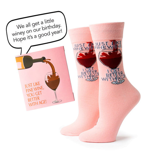 Two Left Feet IT'S YO BIRTHDAY Gift Card Sock Set -  Fine Wines PINK
