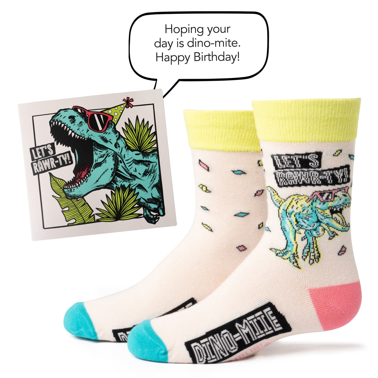 Two Left Feet Kid's IT'S YO BIRTHDAY Gift Card Sock Set -  Let's Rawr-Ty