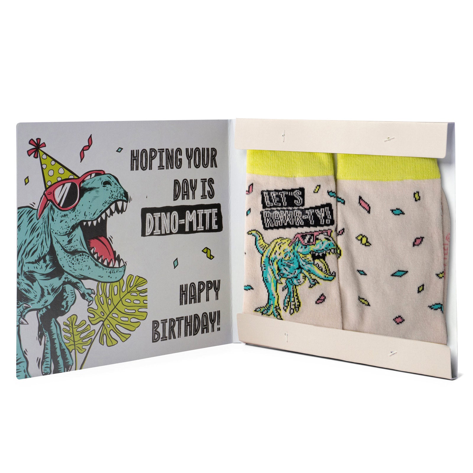Two Left Feet Kid's IT'S YO BIRTHDAY Gift Card Sock Set -  Let's Rawr-Ty