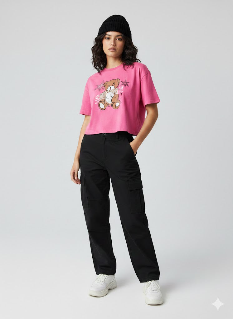 Bear Angel Devil Boxy Crop Tee Hot Pink