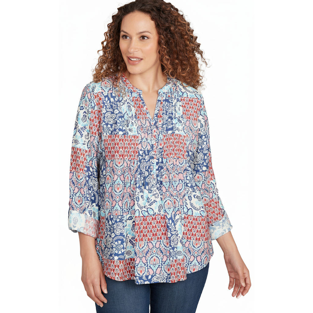 Plus Silky Voile Patchwork Split V-Neck Long Roll-Tab Sleeve Blouse   - Ruby Rd