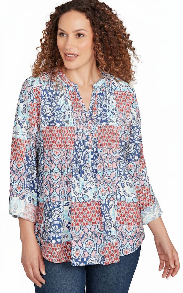 Plus Silky Voile Patchwork Split V-Neck Long Roll-Tab Sleeve Blouse   - Ruby Rd