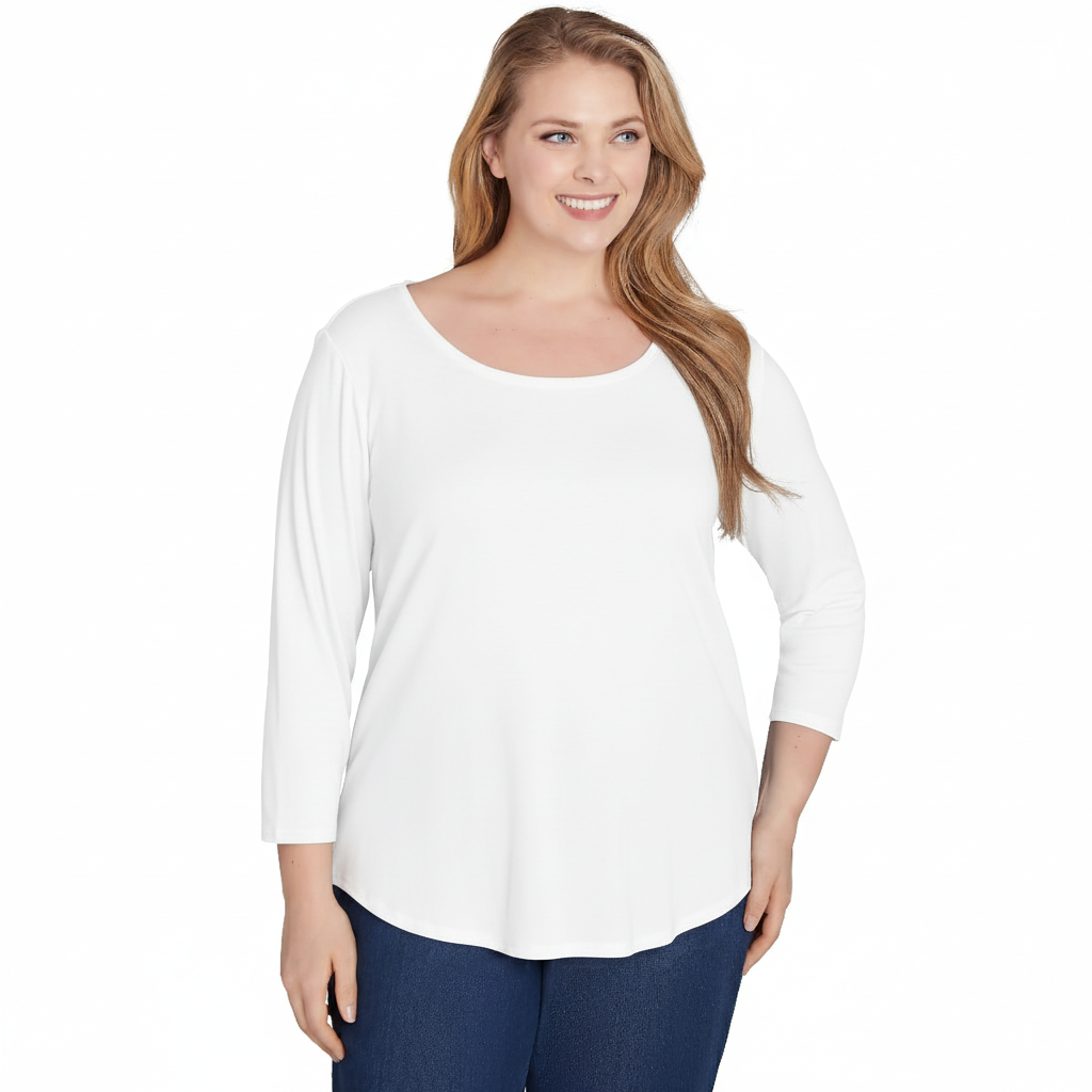 Plus Scoop Neck Ribbed Solid Top White - Ruby Rd