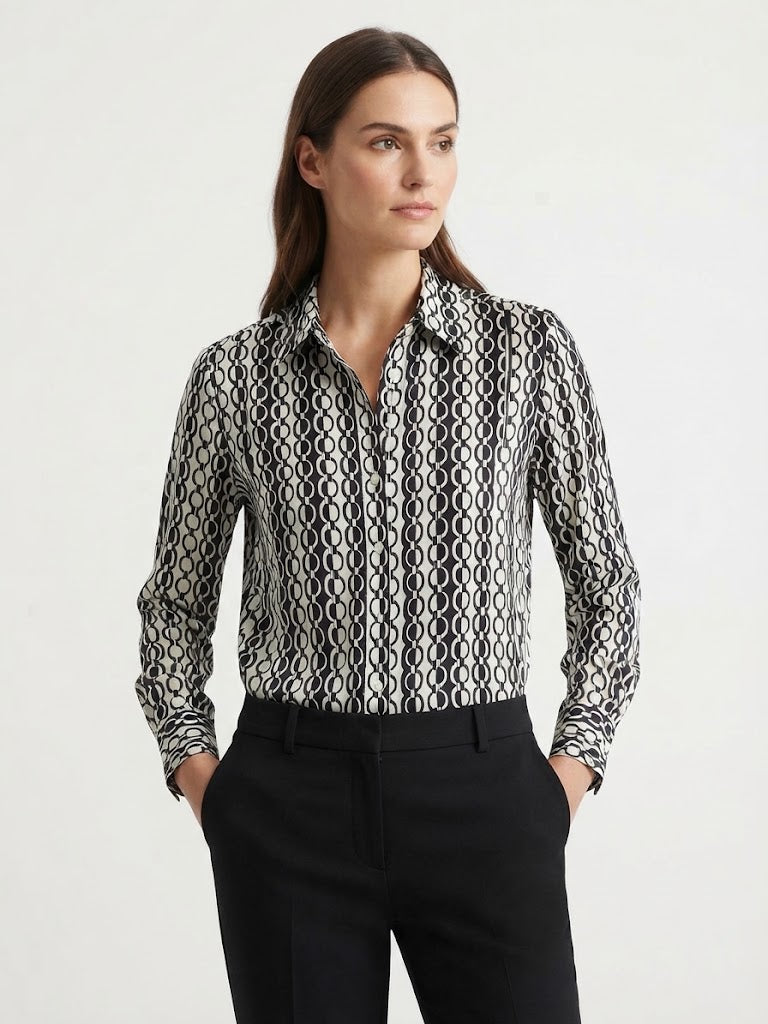Long Sleeve Button Down Shirt Ivory / Black