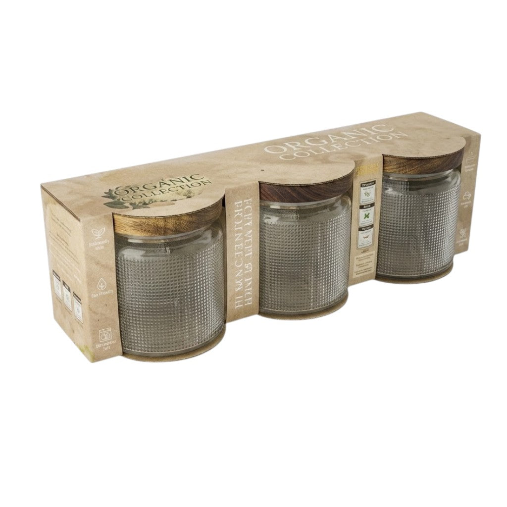 Juego de 3 botes de cristal de 555 ml con tapa de madera