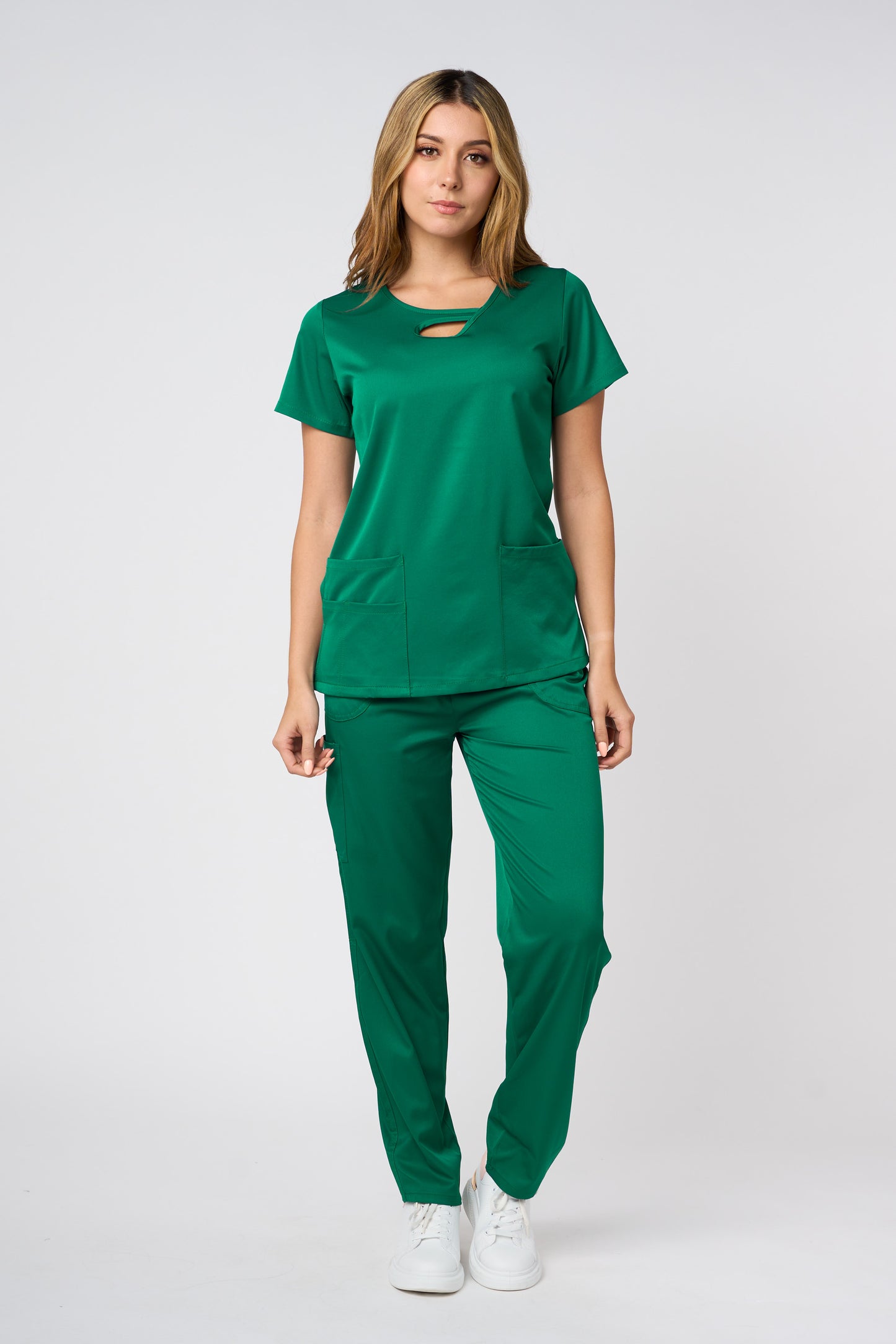 SOLID 4 WAY STRETCH KEYHOLE NECK SCRUB SET HUNTER GREEN