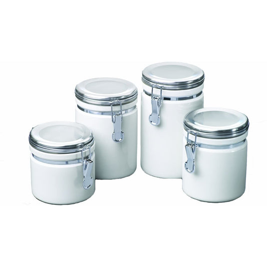 4PC WHITE CANISTER SET W /SS LIDS (2) YROLL
