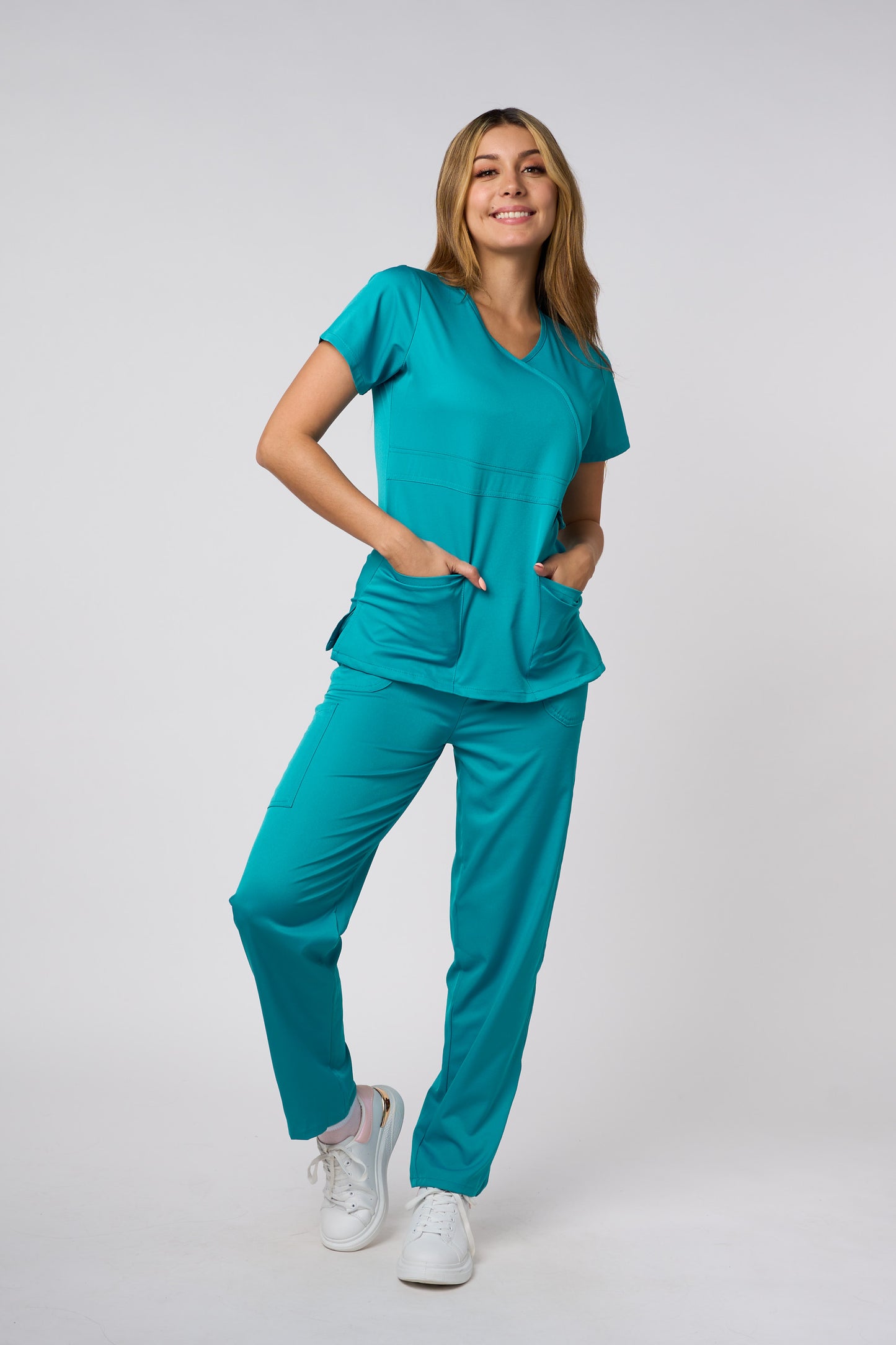 SOLID 4 WAY STRETCH MOCK NECK W/D RING TEAL