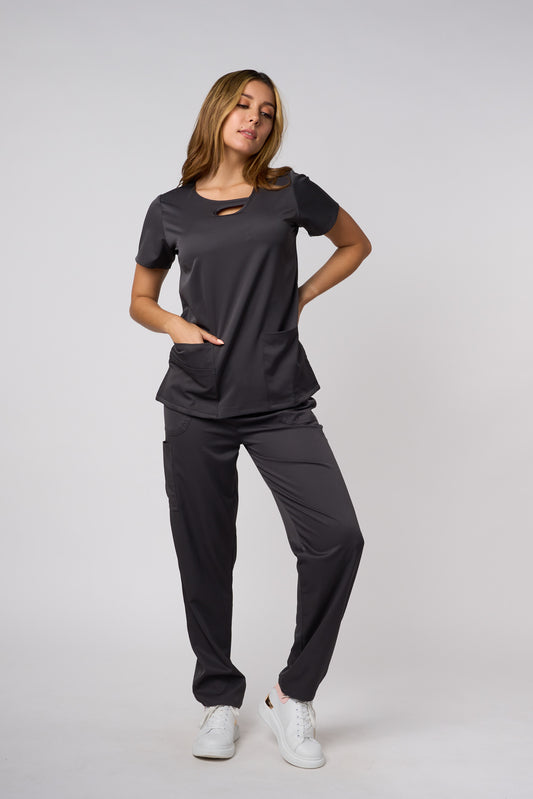SOLID 4 WAY STRETCH KEYHOLE NECK SCRUB SET PEWTER