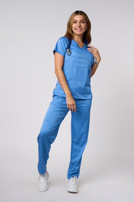 SOLID 4 WAY STRETCH MOCK NECK W/D RING CEIL BLUE