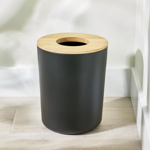 VANITY STEEL WASTE CAN MATTE BLACK WITH WOOD LID
