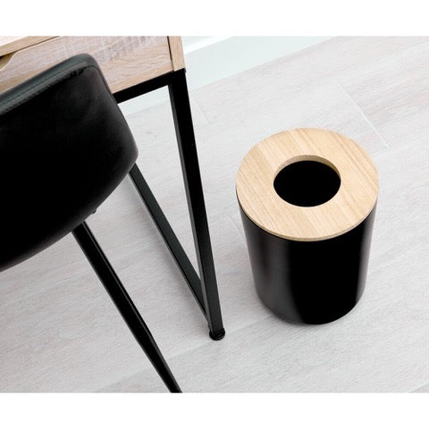 VANITY STEEL WASTE CAN MATTE BLACK WITH WOOD LID