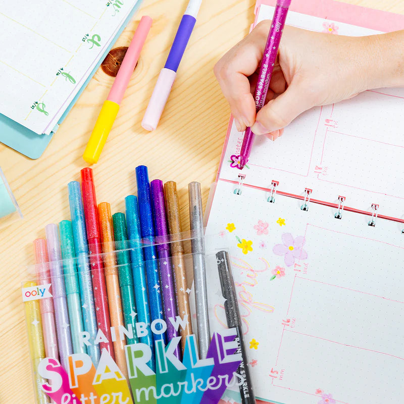 rainbow sparkle glitter markers - set of 15