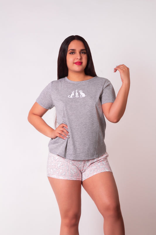 TALKING IN MY SLEEP TEE AND SHORT PJ SET HEATHER GRAY
