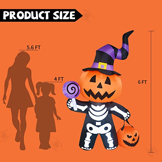6 FT Tall Inflatable Pumpkin with Skull Body